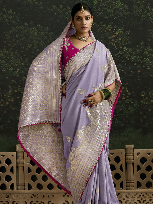 Mesmerizing Lavender Zari Weaving Silk Event Wear Saree With Blouse
