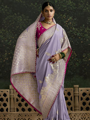 Mesmerizing Lavender Zari Weaving Silk Event Wear Saree With Blouse