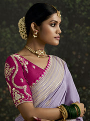Mesmerizing Lavender Zari Weaving Silk Event Wear Saree With Blouse