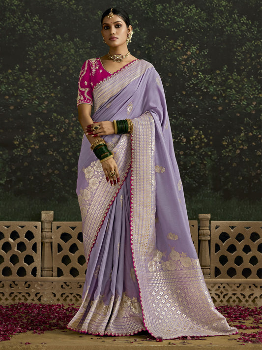 Mesmerizing Lavender Zari Weaving Silk Event Wear Saree With Blouse