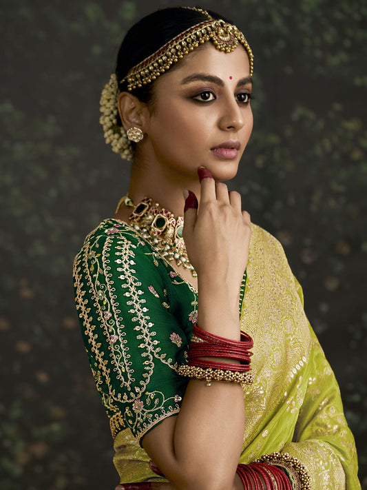 Bewitching Lime Green Zari Weaving Silk Traditional Saree With Blouse