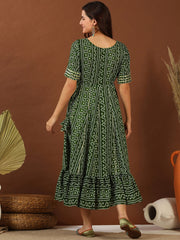 Green Bandhini Printed Cotton Tie Up Lace Fit & Flare Midi Ethnic Dress