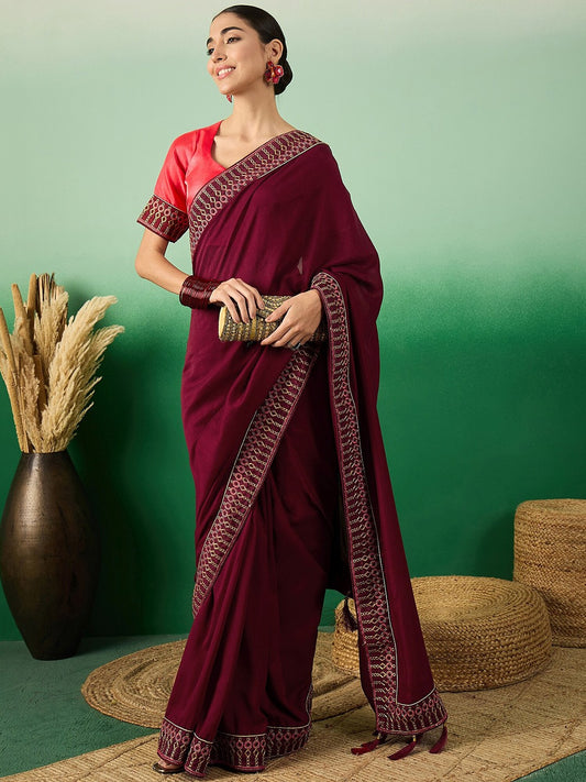 Maroon Embroidered Sarees With Blouse