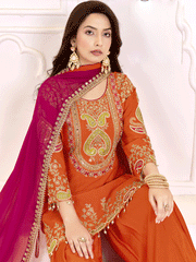 Traditional Embroidered Orange Ceremonial Palazzo Suit