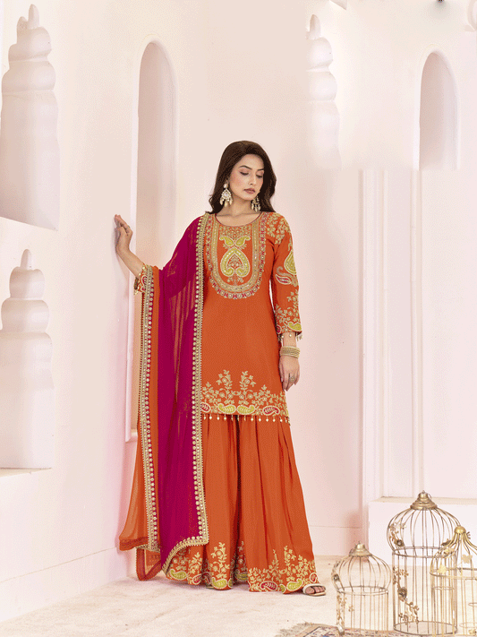Traditional Embroidered Orange Ceremonial Palazzo Suit