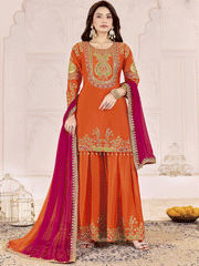 Traditional Embroidered Orange Ceremonial Palazzo Suit
