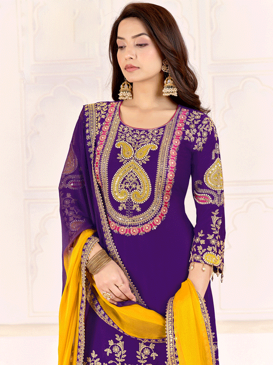 Traditional Embroidered Purple Ceremonial Palazzo Suit