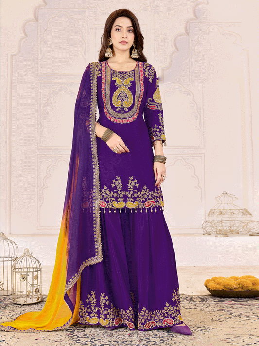 Traditional Embroidered Purple Ceremonial Palazzo Suit