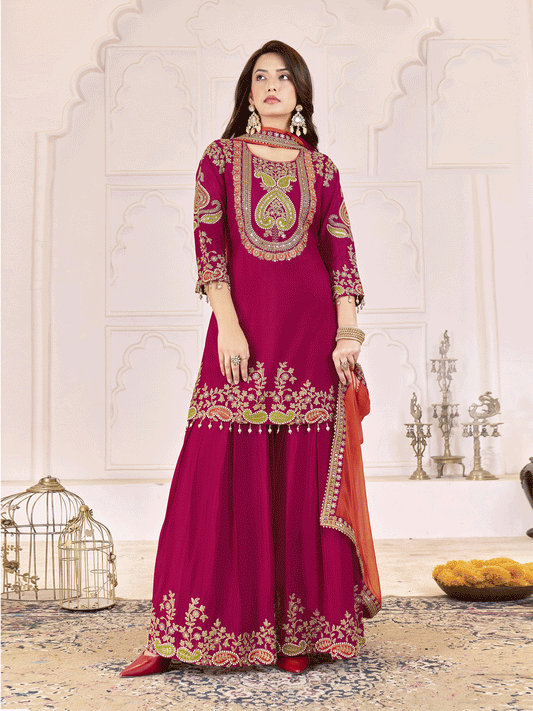 Traditional Embroidered Pink Ceremonial Palazzo Suit