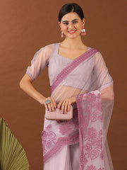 Lavender Floral Embroidered Net Saree