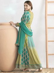 Blue and lime green dabka dori and resham digital print work chinnon anarkali suit
