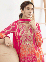 Embroidered Chinon Chiffon Abaya Style Suit in Pink and Orange