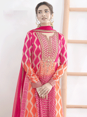 Embroidered Chinon Chiffon Abaya Style Suit in Pink and Orange
