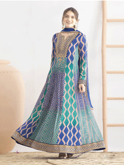 Sky Blue and Navy Blue Dabka Dori and Resham Digital Print Work Chinnon Anarkali Suit