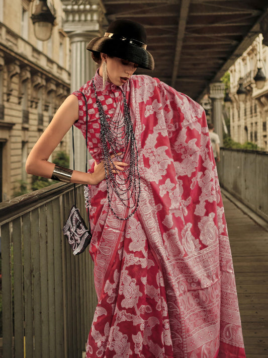 Pink & Gold-Toned Ethnic Motifs Woven Design Zari Organza Muga Sarees
