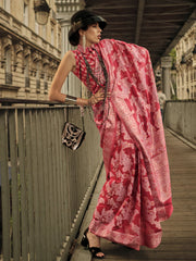 Pink & Gold-Toned Ethnic Motifs Woven Design Zari Organza Muga Sarees