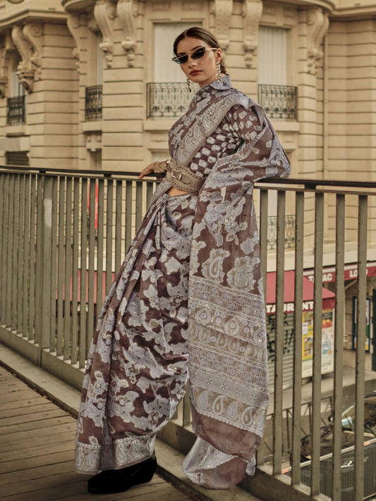 Paisley Woven Design Zari Organza Muga Saree