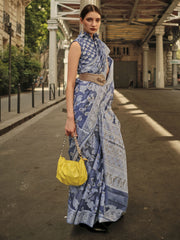 Grey & Blue Woven Design Zari Organza Muga Sarees