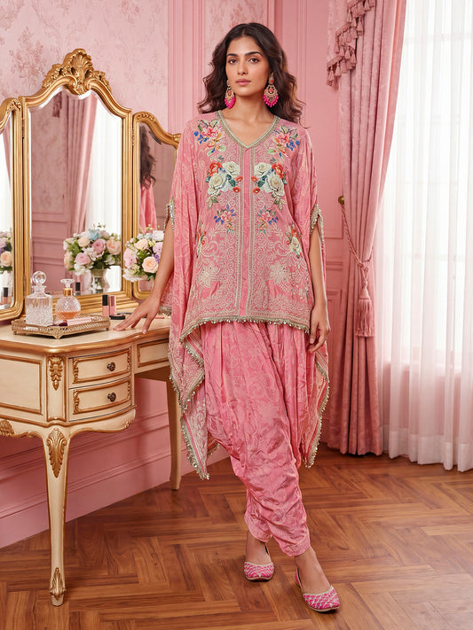 Romantic Florals Silk Embroidered Tunic with Palazzos