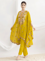 Yellow Floral Embroidered Kaftan Style Dress
