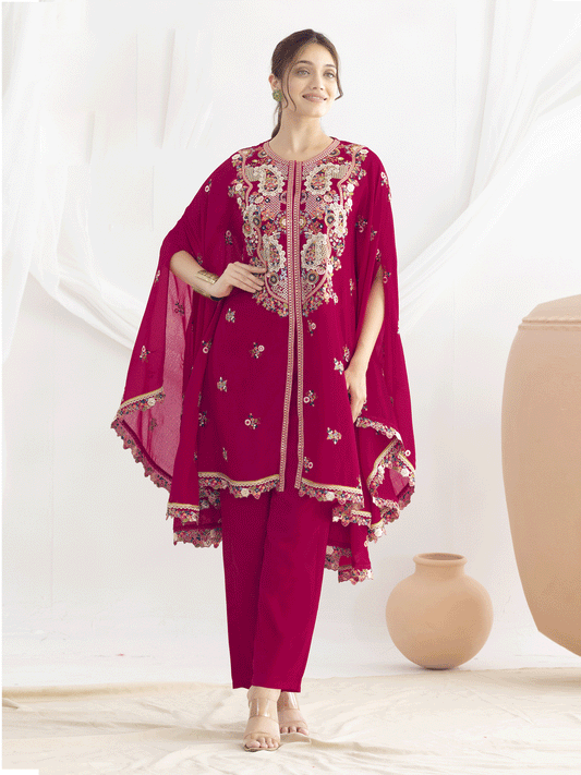 Pink Floral Embroidered Kaftan Style Dress