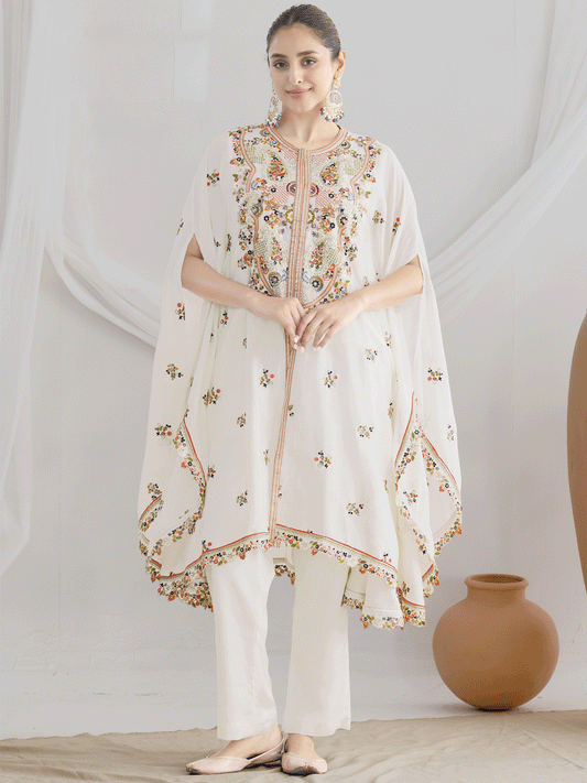 White Floral Embroidered Kaftan Style Dress