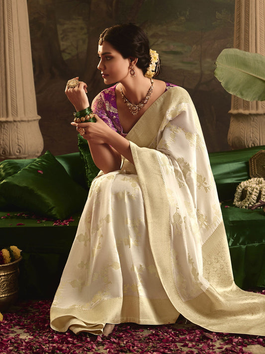 Ivory And Purple Silk Traditional Saree