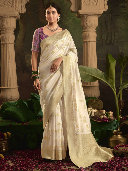 Ivory And Purple Silk Traditional Saree