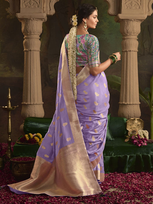 Lavender And Teal Silk Traditional Saree