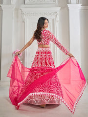 Pink Embroidered Net Semi-Stitched Lehenga & Unstitched Blouse With Dupatta