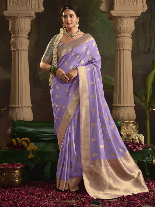 Lavender And Teal Silk Traditional Saree