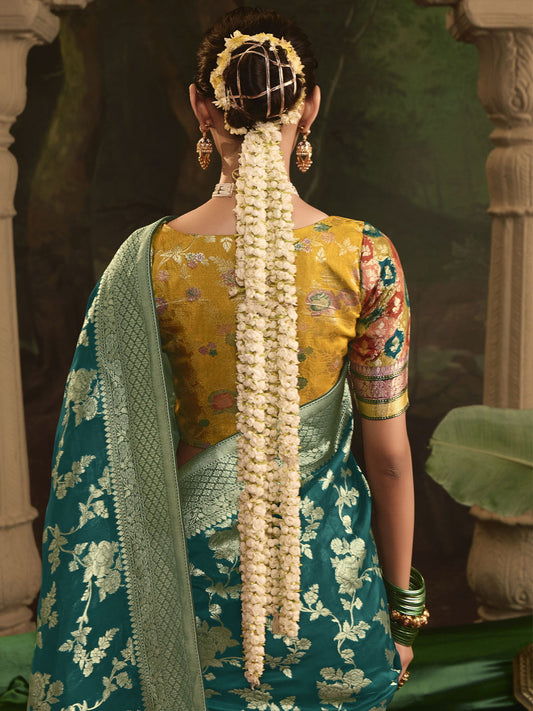 Dark Green And Yellow Silk Traditional Saree