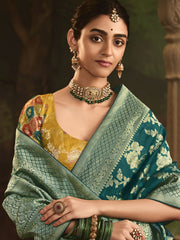 Dark Green And Yellow Silk Traditional Saree