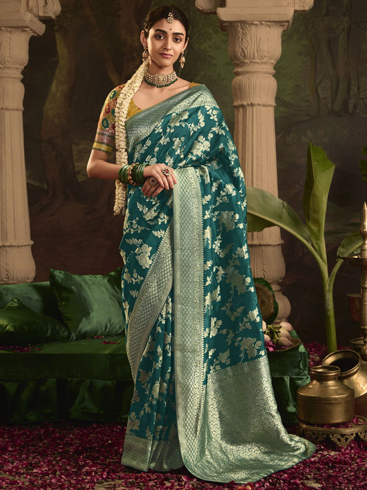 Dark Green And Yellow Silk Traditional Saree