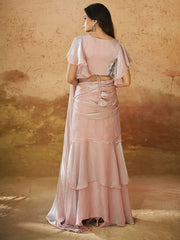 Adorable Baby Pink Ruffles Organza Ready To Wear Saree With Blouse
