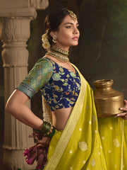 Yellow And Blue Silk Traditional Saree
