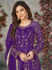 Purple Net Embroidered Sequins High Slit A line Anarkali Suit Festive Wear
