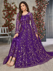 Purple Net Embroidered Sequins High Slit A line Anarkali Suit Festive Wear