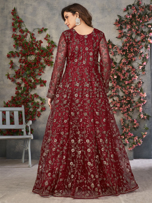 Red Net Embroidered Sequins High Slit A line Anarkali Suit Festive Wear