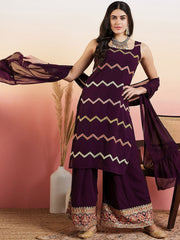 Maroon Ethnic Motifs Embroidered Thread Work Georgette Kurta With Palazzo & Dupatta