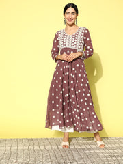 Mauve Floral Embroidered Thread Work Georgette Anarkali Kurta with Inner