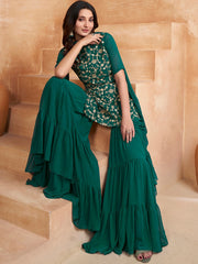 Green Floral Embroidered Kurta With Sharara & Dupatta
