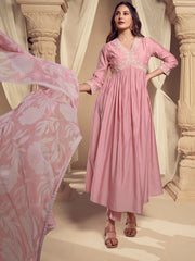 Amyra Dastur Pink V-Neck Floral Pleated Thread Work Pure Silk A-Line Kurta with Trousers & Dupatta