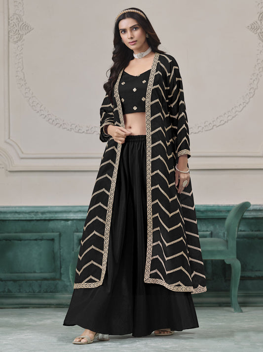 Black Chinon Embroidered Indowestern Sets and Suits Festive Wear