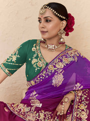 Purple and Green Fancy Fabric Embroidred Designer Saree