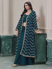Dark Teal Chinon Embroidered Indowestern Sets and Suits Festive Wear