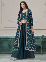 Dark Teal Chinon Embroidered Indowestern Sets and Suits Festive Wear