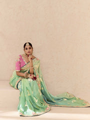 Green and Pink Fancy Fabric Embroidred Designer Saree