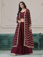 Maroon Chinon Embroidered Indowestern Sets and Suits Festive Wear