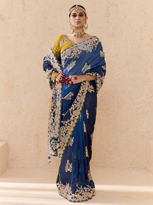Blue and Mustard Fancy Fabric Embroidred Designer Saree